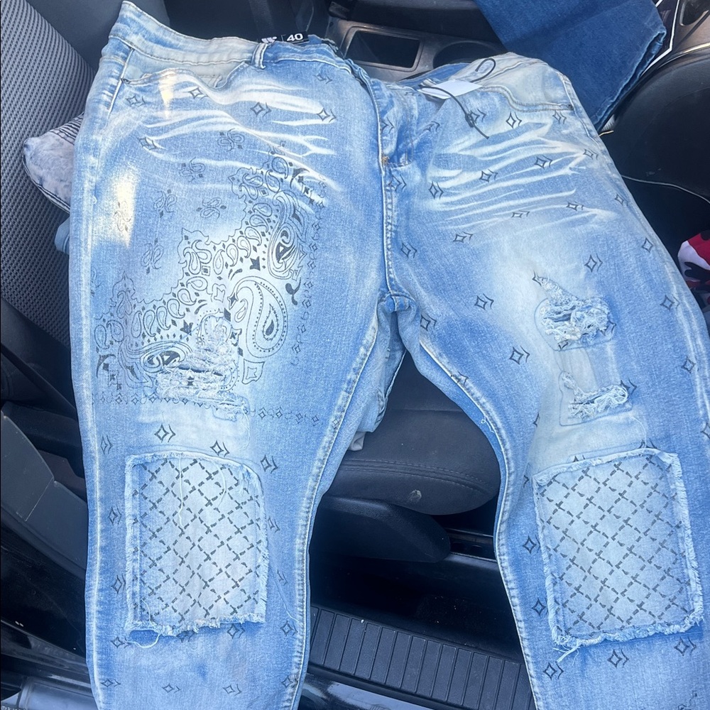 Men's Light Blue Patterned Relaxed Jeans